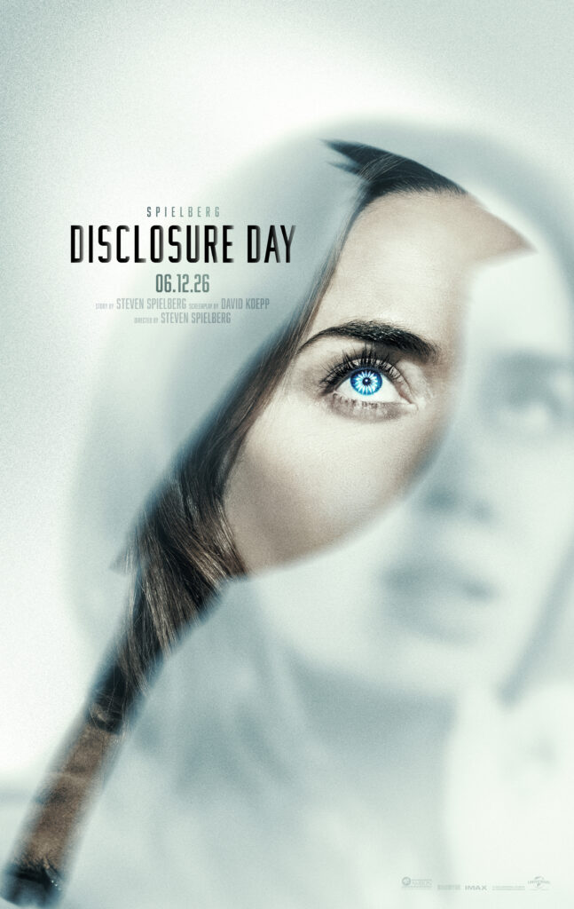 Poster for a film titled Disclosure Day, featuring a close-up of a blue eye and a partially wrapped face in pale tones, with the date 06.12.26 and credits faintly visible. - Breck Film | Eclipse Theater
