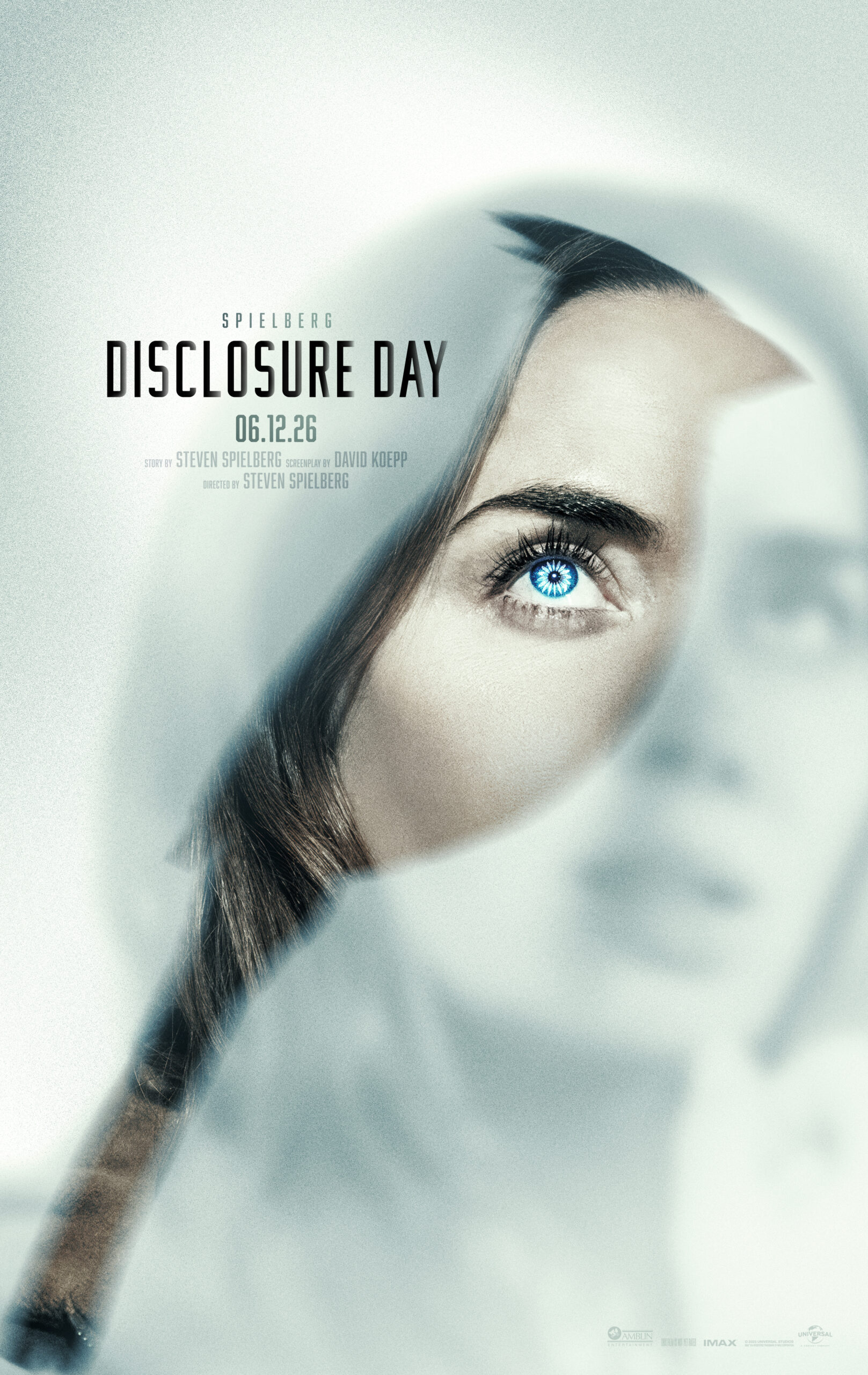 NVW_Char1Sheet5_Emily_RGB_2 - Breck Film | Eclipse Theater Poster for a film titled Disclosure Day, featuring a close-up of a blue eye and a partially wrapped face in pale tones, with the date 06.12.26 and credits faintly visible. - Breck Film | Eclipse Theater