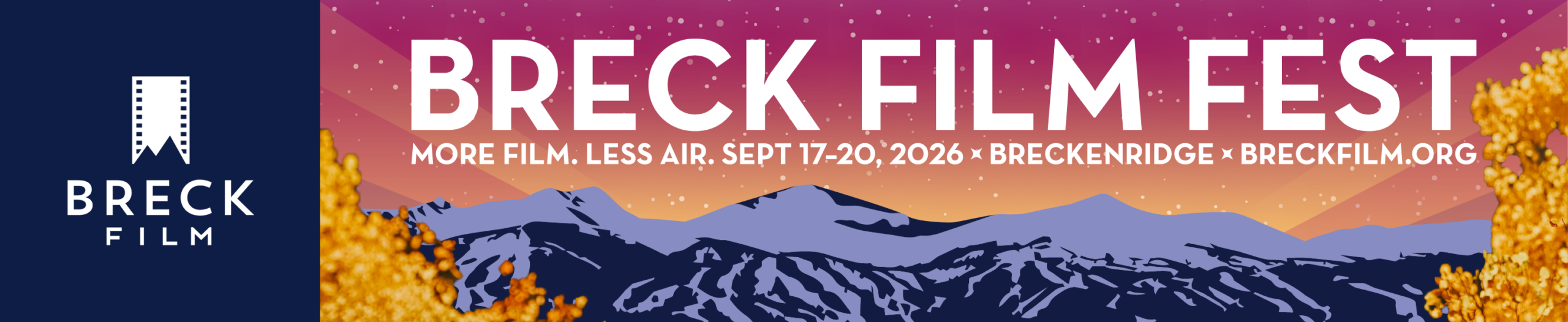 Banner for Breck Film Fest with navy left panel logo and large white 'BRECK FILM FEST' text over a purple-to-orange mountain sunset scene with trees and stars in the background. - Breck Film | Eclipse Theater